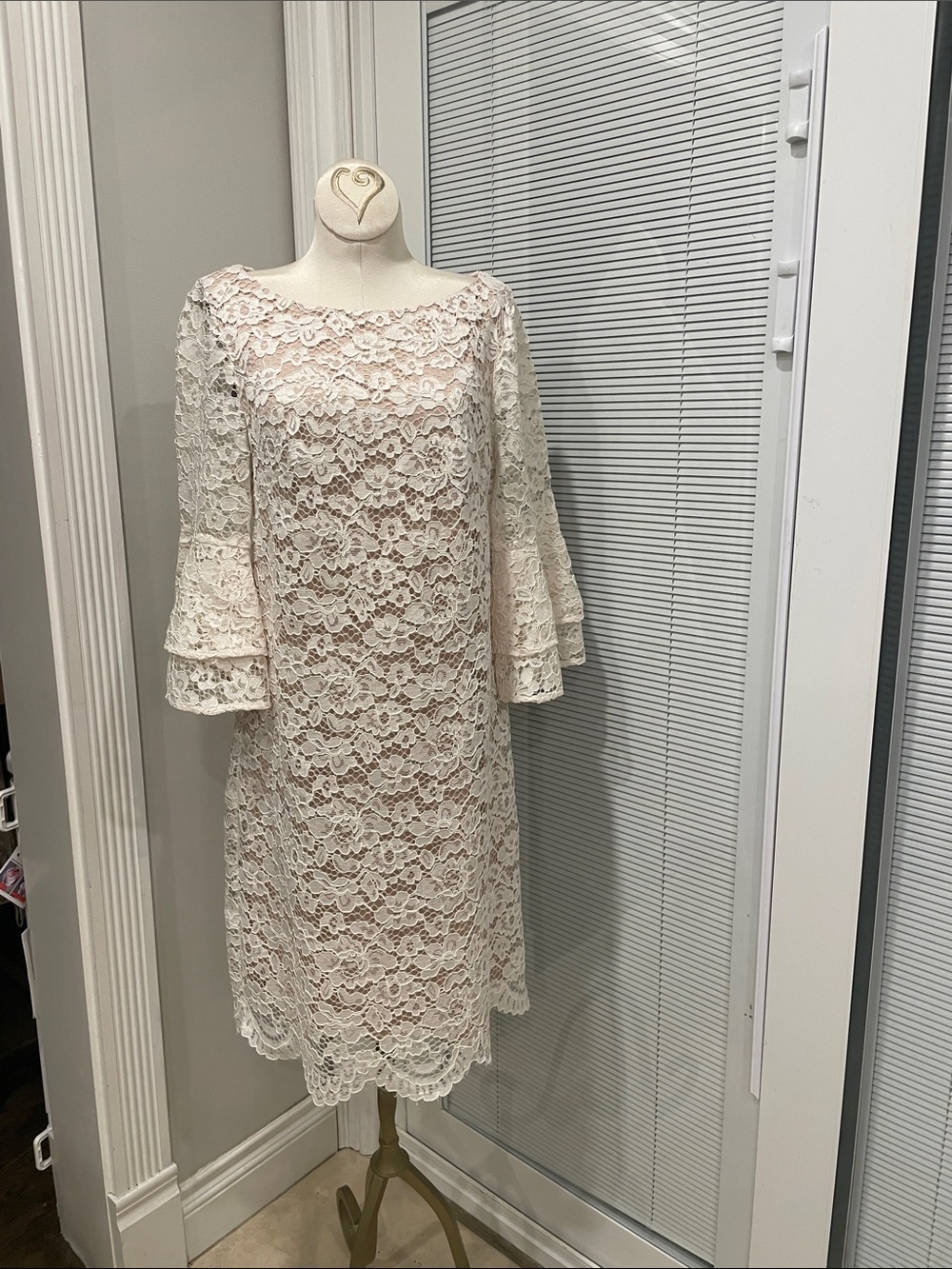 Eliza J Cream Lace Midi Dress with Tiered Bell Sleeves